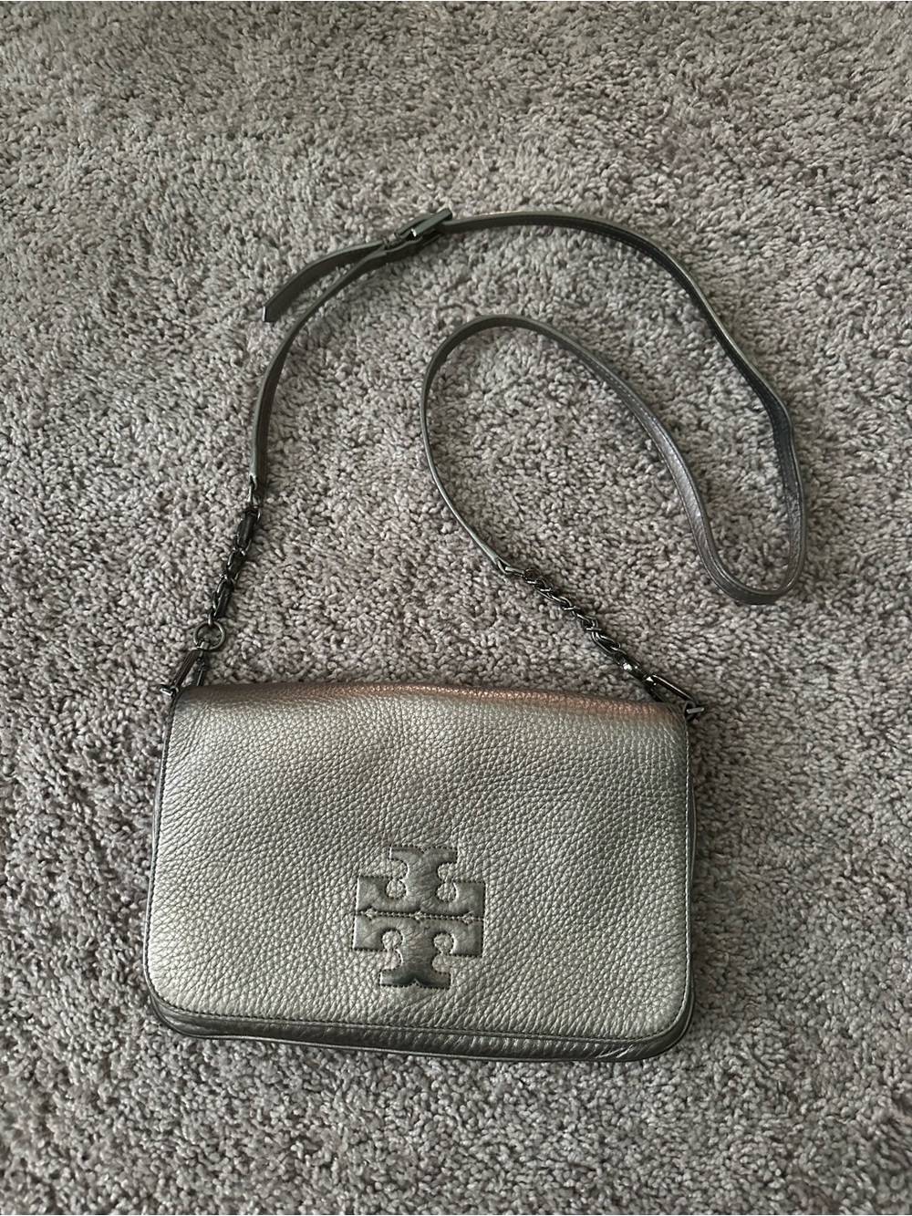 Tory burch Metallic Gray Leather Crossbody Bag